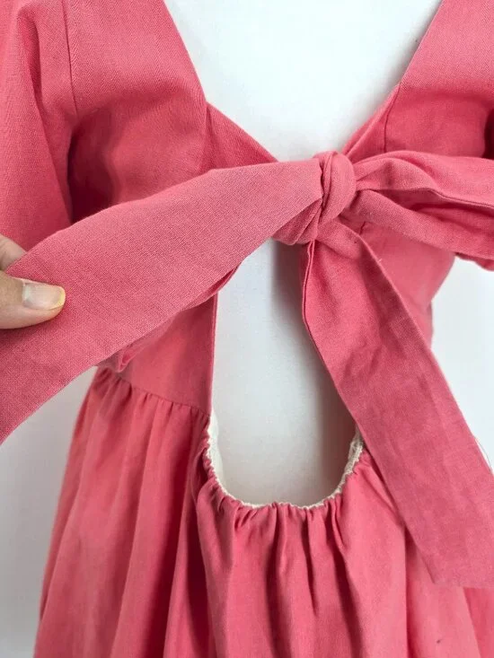 NWT ZARA Salmon Pink Square Neck Linen Puff Sleeve Bow Tie Back Mini Dress XL - Picture 7 of 11